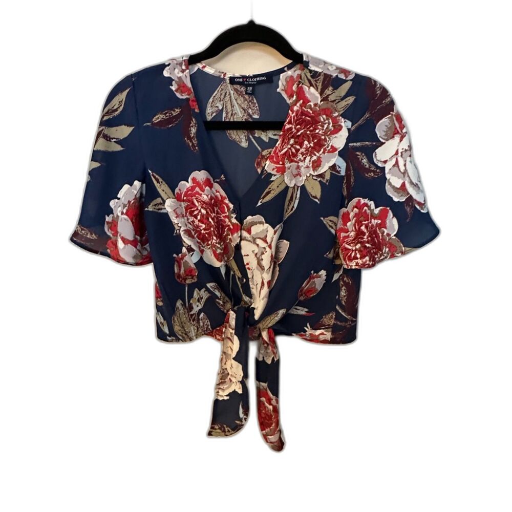 One Clothing Floral Navy Cropped Tie Button Up Short Sleeve Top Women's Sz XS
